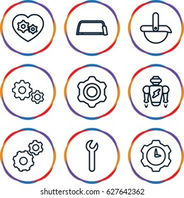 Mechanical icons set. set of 9 mechanical outline icons such as gear, hacksaw, gear heart, robot, wrench