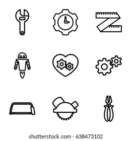 Mechanical icons set. set of 9 mechanical outline icons such as gear, wrench, saw blade, hacksaw, pliers, gear heart, robot, gear clock