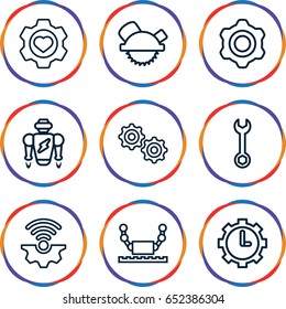Mechanical icons set. set of 9 mechanical outline icons such as wrench, saw blade, heart in gear, clock in gear