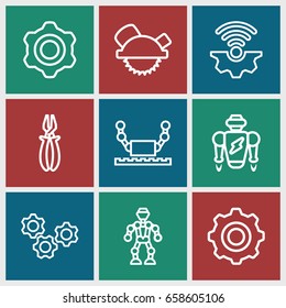 Mechanical icons set. set of 9 mechanical outline icons such as saw blade, pliers, gear    sign symb, robot, gear connection