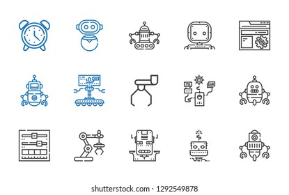 mechanical icons set. Collection of mechanical with robot, industrial robot, setting, settings, alarm clock. Editable and scalable mechanical icons.