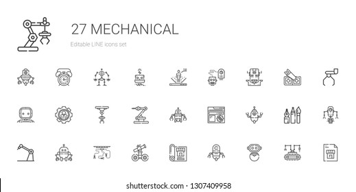 mechanical icons set. Collection of mechanical with robot, blueprint, industrial robot, settings, tools, saw, alarm clock. Editable and scalable mechanical icons.