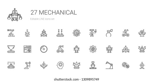mechanical icons set. Collection of mechanical with robot, gear, industrial robot, settings, saw, setting. Editable and scalable mechanical icons.