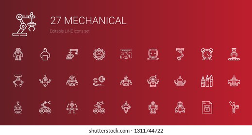 mechanical icons set. Collection of mechanical with robot, industrial robot, worker, blueprint, tools, alarm clock, settings. Editable and scalable mechanical icons.