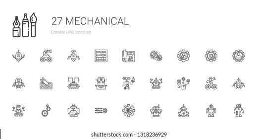 mechanical icons set. Collection of mechanical with robot, settings, industrial robot, saw, setting, blueprint, tools. Editable and scalable mechanical icons.