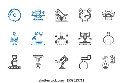 mechanical icons set. Collection of mechanical with robot, industrial robot, alarm clock, saw. Editable and scalable mechanical icons.
