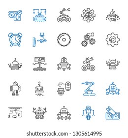 mechanical icons set. Collection of mechanical with saw, robot, industrial robot, settings, alarm clock. Editable and scalable mechanical icons.