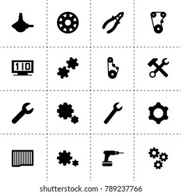 Mechanical icons. vector collection filled mechanical icons. includes symbols such as gear, wrench, air filter, wrench hammer, timing belt. use for web, mobile and ui design.