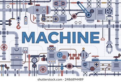 Mechanical industrial parts. Robots mechanisms, steel machinery details, steampunk style frame, technical elements, poster or banner, nowaday vector cartoon flat isolated concept