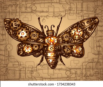 Mechanical insect. Hand drawn beautiful vector illustration. Steampunk style.