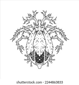 Mechanical insect. Hand drawn vector steampunk illustration. Dotwork. Print for t-shirt. Tatoo illustration. Art for merch. Sketch style drawing.