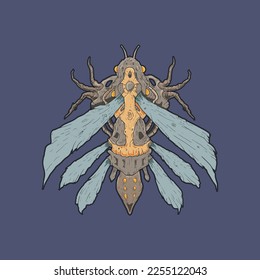 insecto mecánico. Ilustración de vectores de vapor dibujada a mano. Imprimir para camiseta. Ilustración de tatuaje. El arte para merch. Dibujo de estilo de esbozo.