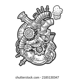 mechanical iron artificial heart steampunk sketch engraving vector illustration. Scratch board imitation. Black and white hand drawn image.