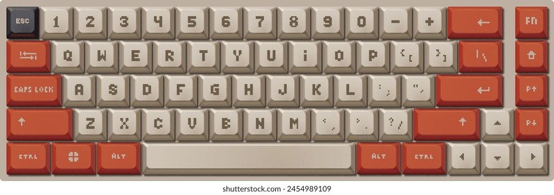 Mechanical keyboard. Retro 65% keyboard layout, 8-bit gaming style font and custom keycaps. 3D vector illustration