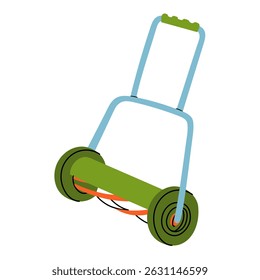Mechanical lawn mower, isolated vivid illustration. A metal tool. A product for caring for agricultural crops. Gardening tools. Suitable for ecology, garden, cleaning, household, infographics