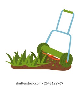 mechanical lawn mower mows the grass. Gardening tools. The work process. Flat color illustration. It is suitable for the design of articles and educational materials on gardening and hobbies.