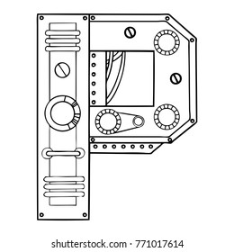 Mechanical letter P engraving vector illustration. Font art. Scratch board style imitation. Hand drawn image.