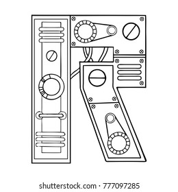 Mechanical letter R engraving vector illustration. Font art. Scratch board style imitation. Hand drawn image.