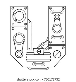 Mechanical letter U engraving vector illustration. Font art. Scratch board style imitation. Hand drawn image.