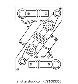 Mechanical letter Z engraving vector illustration. Font art. Scratch board style imitation. Hand drawn image.