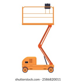 Mechanical lift for construction industry with scissors and platform vector flat illustration. Industrial cargo engineering equipment with support for lifting delivering machinery modern device