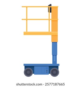 Mechanical lift industrial machine with lifting platform for construction vector flat illustration. Engineering heavy up transportation equipment machinery maintenance support structure with basket