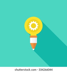  Mechanical light bulb with pencil flat icon. Modern flat icon with long shadow effect in stylish colors.  EPS 10.