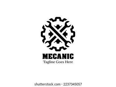 Mechanical logo consisting of repair tools and gear system