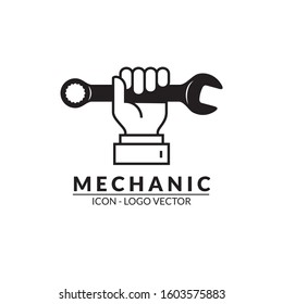 Mechanical logo or icon. with hand holding the spanner icon isolated on white background, 