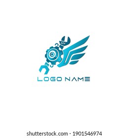 Mechanical logo. Illustration of a workshop logo with wings isolated in white