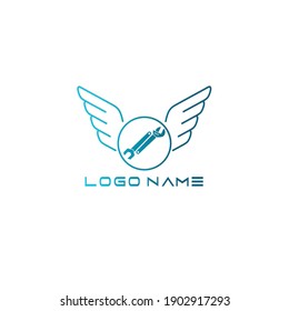 Mechanical logo. Illustration of a workshop logo with wings isolated in white