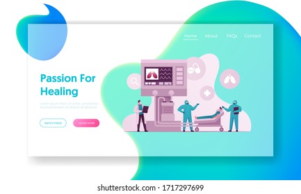 Mechanical Lungs Ventilation Landing Page Template. Doctor Characters Control Diseased Patient Lying in Chamber with Breething Machine, Coronavirus Pandemic. Cartoon People Vector Illustration