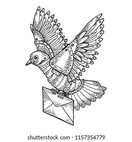 Mechanical mail pigeon bird animal engraving vector illustration. Scratch board style imitation. Black and white hand drawn image.