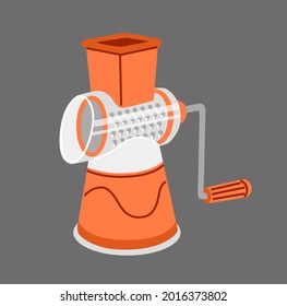 Mechanical manual vegetable cutter. Hand grater, rotary food slicer. Kitchen tool isolated on white background. Kitchenware appliance. Vegetable and cheese slicer. Vector illustration.