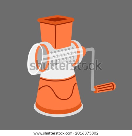 Mechanical manual vegetable cutter. Hand grater, rotary food slicer. Kitchen tool isolated on white background. Kitchenware appliance. Vegetable and cheese slicer. Vector illustration.