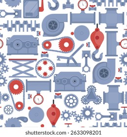 Mechanical mechanisms seamless pattern. Engineering equipment. Engine chains and gears. Crane hooks and hoists. Repeated print. Steel pipes with pump and valves. Industrial fans. Vector background