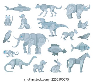 Mechanical metal animals collection. Steel robotic elephant, horse, fish, dinosaur, cat, dog, bunny cartoon vector illustration