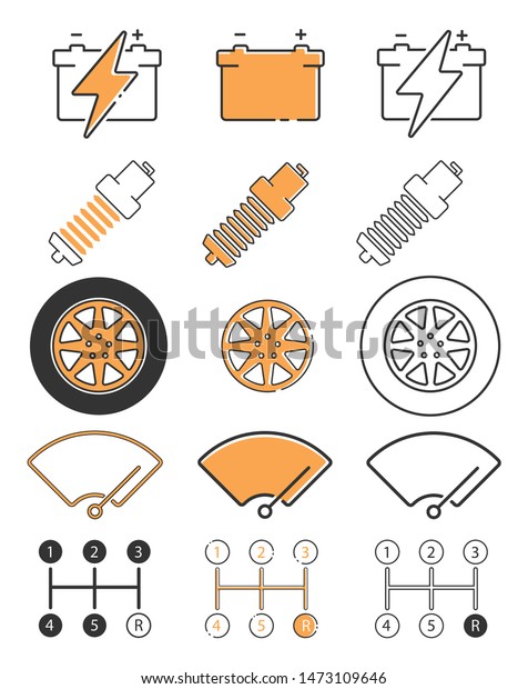 Mechanical modern icons set\
car services battery spark plug wheel indicator analog transmission\
- Vector