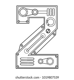 Mechanical number 2 engraving vector illustration. Font art. Scratch board style imitation. Hand drawn image.