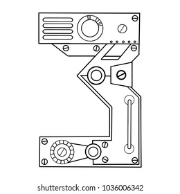 Mechanical number 3 engraving vector illustration. Font art. Scratch board style imitation. Hand drawn image.