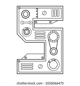 Mechanical number 5 engraving vector illustration. Font art. Scratch board style imitation. Hand drawn image.