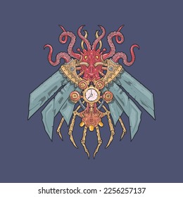 Mechanical octopus. Color. Hand drawn vector steampunk illustration. Art for merch. Sketch style drawing.
