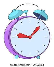 Mechanical old-fashioned alarm clock with red hands and purple case