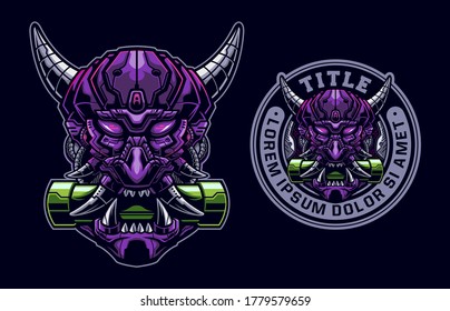 Mechanical oni mask head vector illustration
