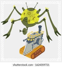 Mechanical and organic vehicles and robots in isometric fantasy vector illustrations