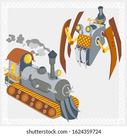 Mechanical and organic vehicles and robots in isometric fantasy vector illustrations