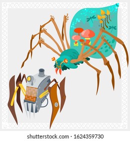 Mechanical and organic vehicles and robots in isometric fantasy vector illustrations