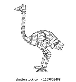 Mechanical ostrich bird animal engraving vector illustration. Scratch board style imitation. Black and white hand drawn image.