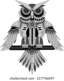 Mechanical owl in metal steampunk style. Vector illustration.