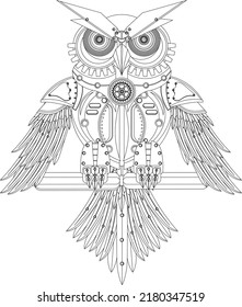 Mechanical owl in metal steampunk style coloring book. Vector illustration.